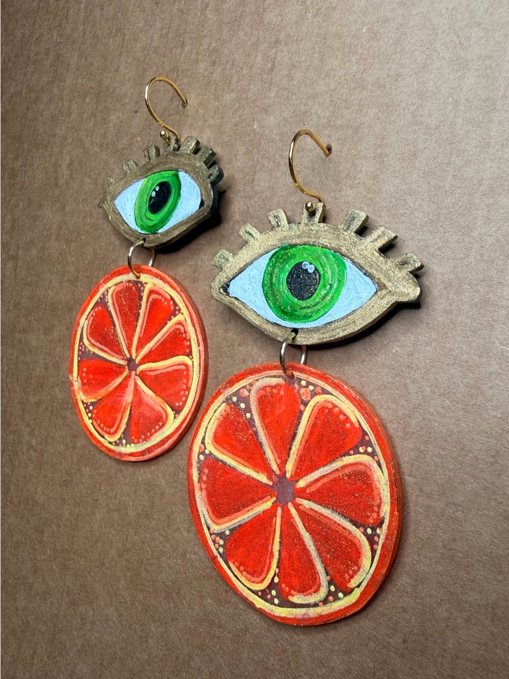 Hand-Painted Eye & Citrus Orange Drop Earrings - Green, Orange, Gold
